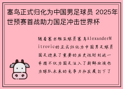 塞鸟正式归化为中国男足球员 2025年世预赛首战助力国足冲击世界杯